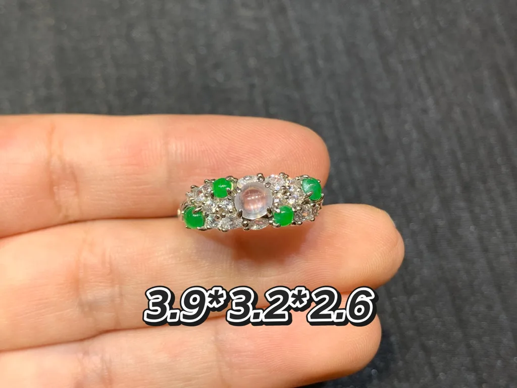 High-Icy Glowing White and Green Natural Jadeite Cabochon Ring — S925 Silver · No. 1F8B (photo 1)