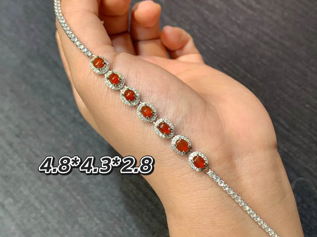 High-Icy Russet Red Natural Jadeite Cabochon Bracelet — S925 Silver · No. 7984 (photo 1)