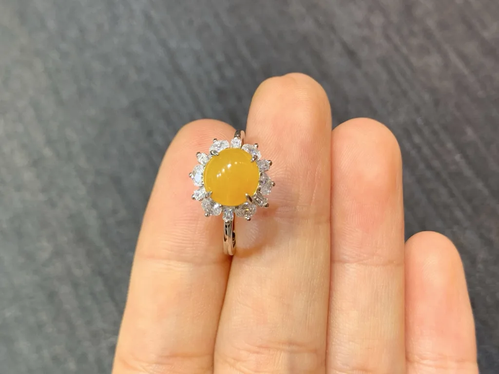 High-Icy Honey Yellow Natural Jadeite Cabochon Ring — S925 Silver · No. E7C7 (photo 3)