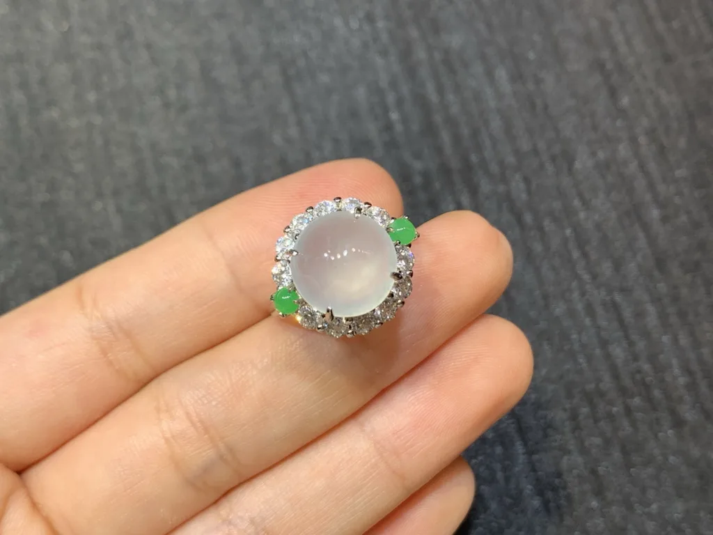 High-Icy Glowing Natural Jadeite Cabochon Ring — S925 Silver · No. 55A4 (photo 2)