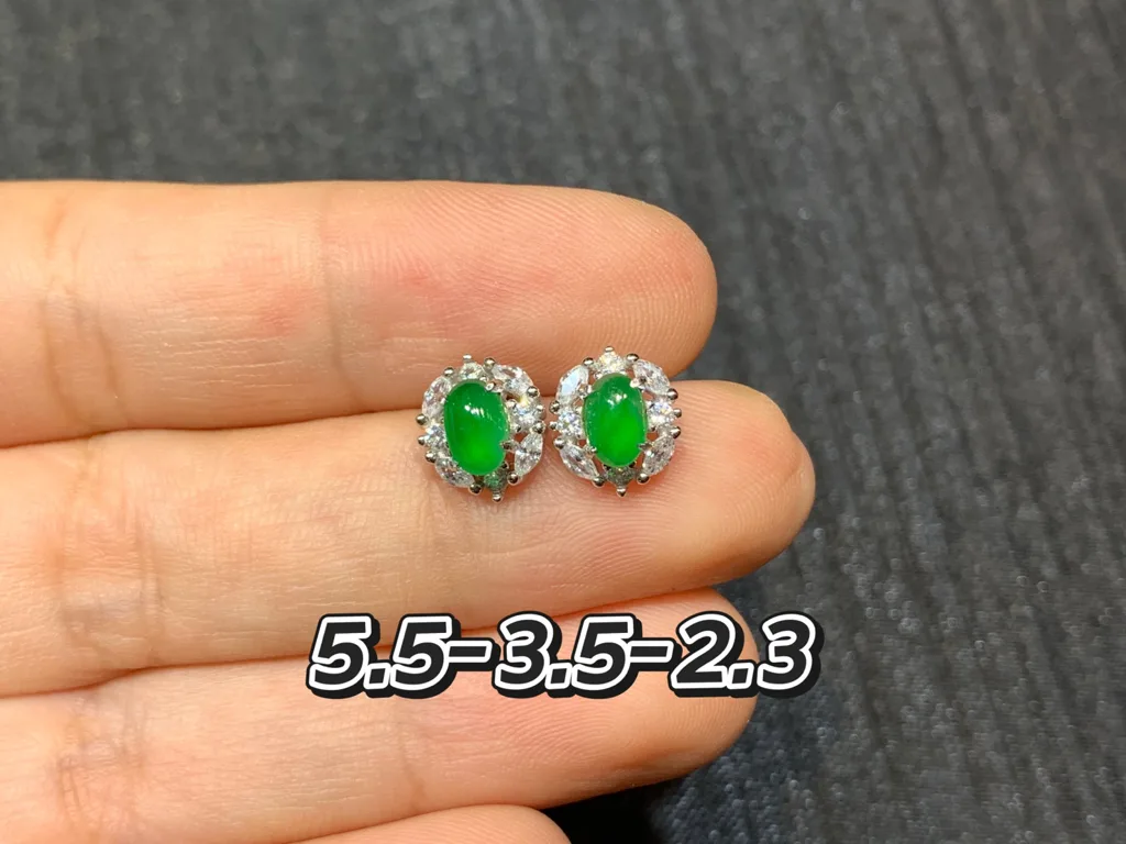 High-Icy Intense Vivid Green Natural Jadeite Cabochon Stud Earrings — S925 Silver · No. 5DB5 (photo 1)
