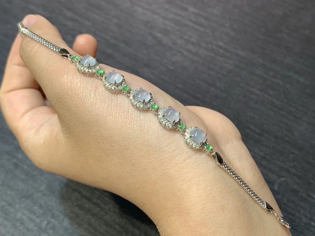 High-Icy Glowing Natural Jadeite Cabochon Bracelet — S925 Silver · No. 9F45 (photo 2)