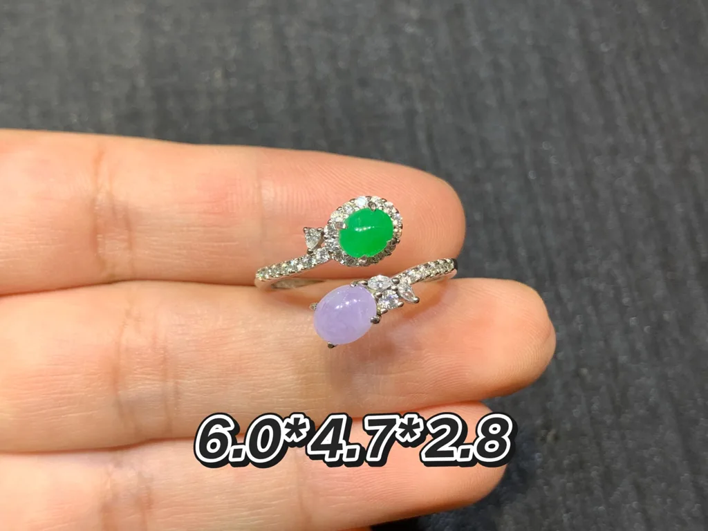 Lavender and Vivid Green Natural Jadeite Cabochon Ring — S925 Silver · No. 90D8 (photo 1)