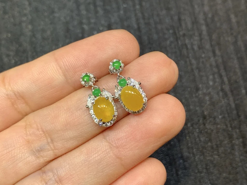 High-Icy Honey Yellow Natural Jadeite Cabochon Drop Earrings — S925 Silver · No. 46F8 (photo 2)