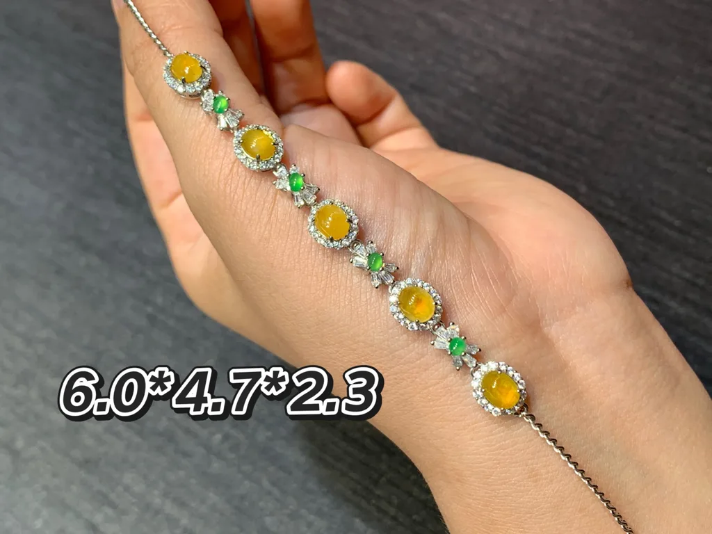 High-Icy Honey Yellow Natural Jadeite Cabochon Bracelet — S925 Silver · No. 56D7 (photo 1)