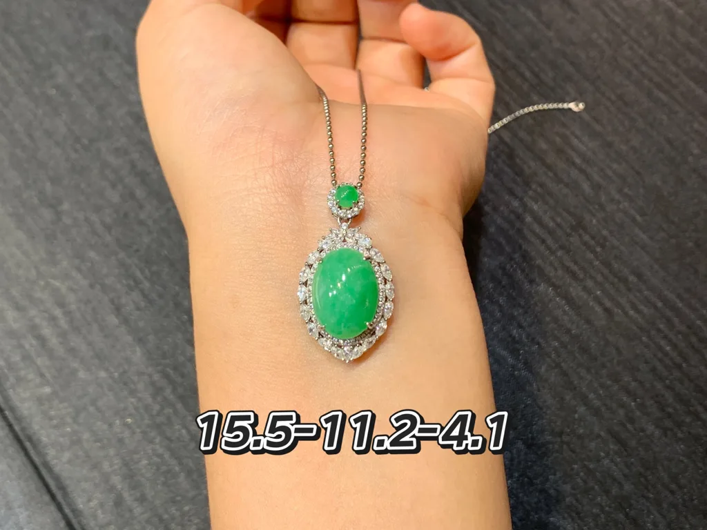 Vivid Green Natural Jadeite Cabochon Pendant — S925 Silver · No. 2195 (photo 1)