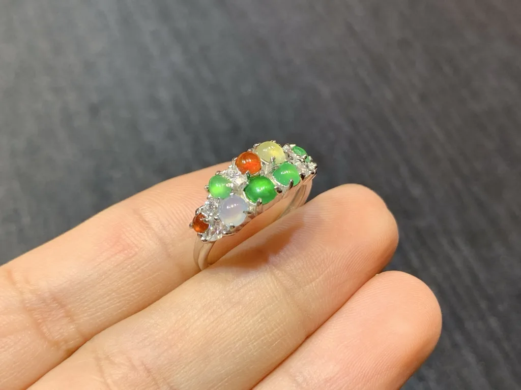 High-Icy Multicolor Natural Jadeite Cabochon Ring — S925 Silver · No. 48C5 (photo 4)