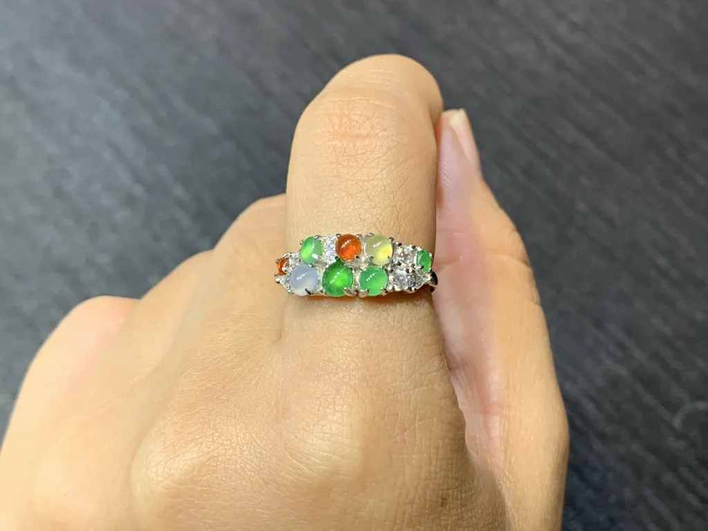 High-Icy Multicolor Natural Jadeite Cabochon Ring — S925 Silver · No. 48C5 (photo 5)