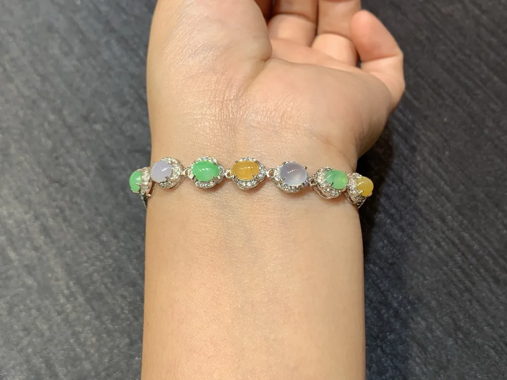 High-Icy Multicolor Natural Jadeite Cabochon Bracelet — S925 Silver · No. 15BD (photo 4)