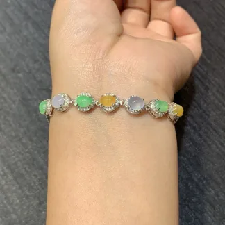 High-Icy Multicolor Natural Jadeite Cabochon Bracelet — S925 Silver · No. 15BD (photo 4)