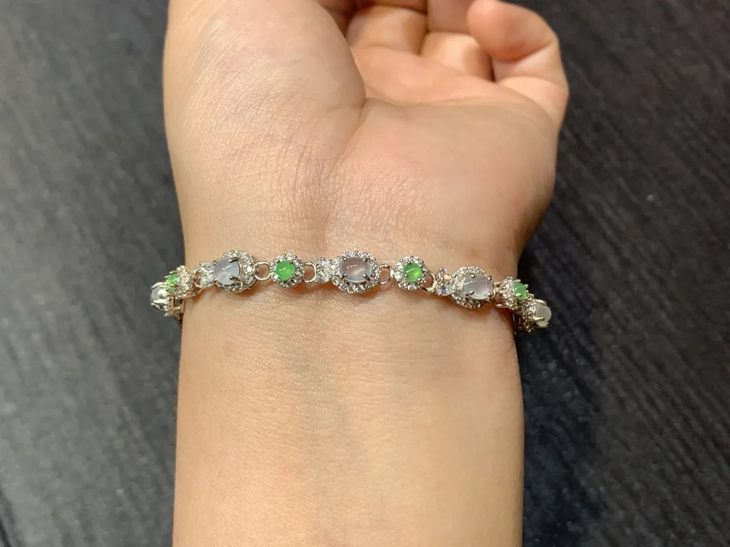 High-Icy Glowing Natural Jadeite Cabochon Bracelet — S925 Silver · No. B86F (photo 4)