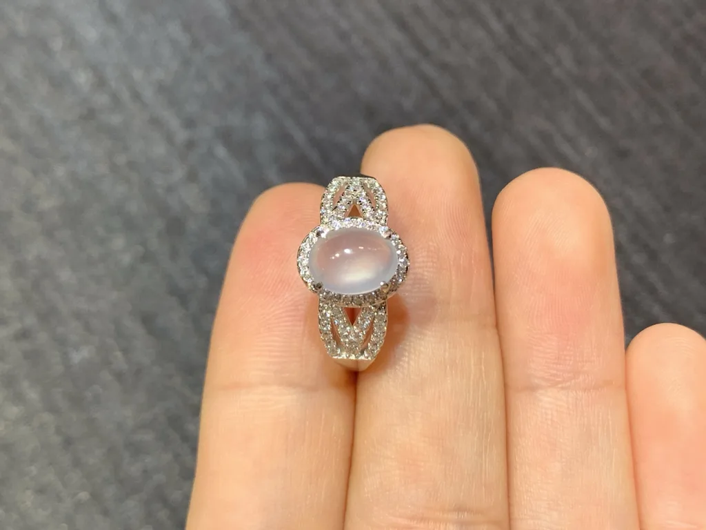 High-Icy Glowing Natural Jadeite Cabochon Ring — S925 Silver · No. B1D8 (photo 3)