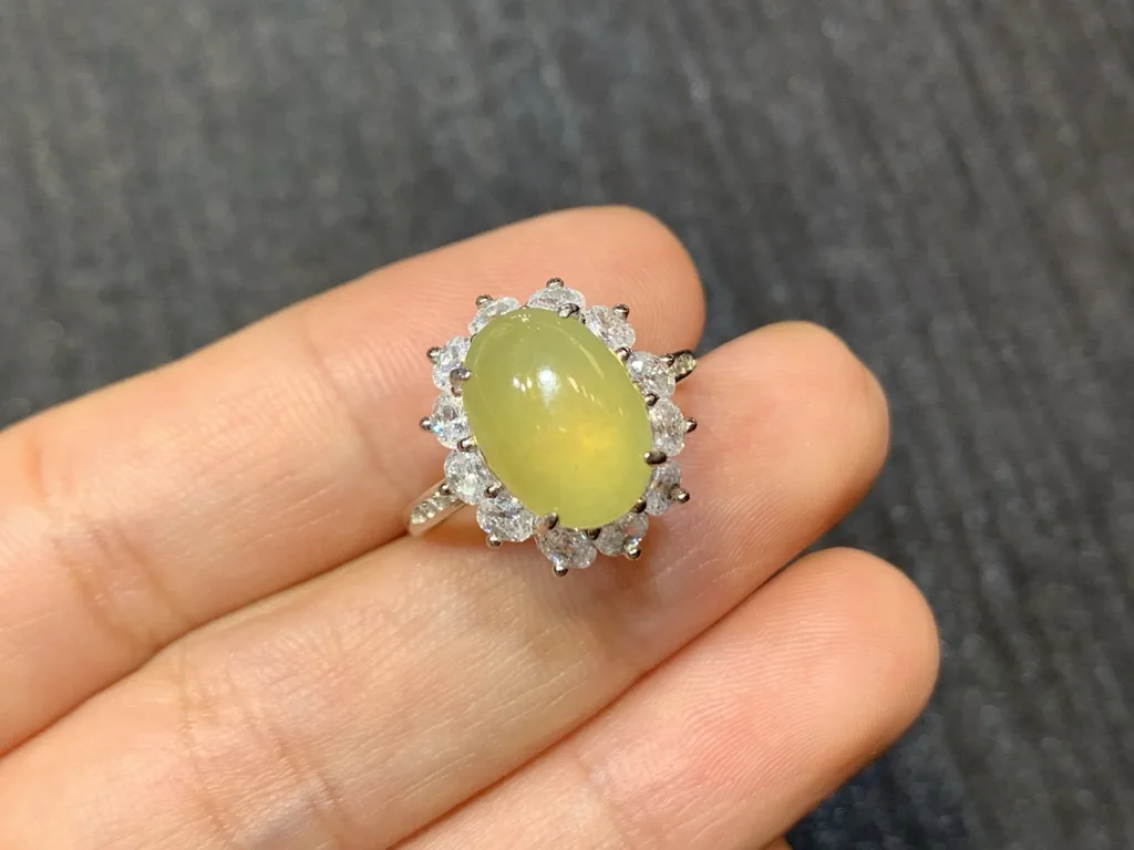 High-Icy Honey Yellow Natural Jadeite Cabochon Ring — S925 Silver · No. 6747 (photo 2)