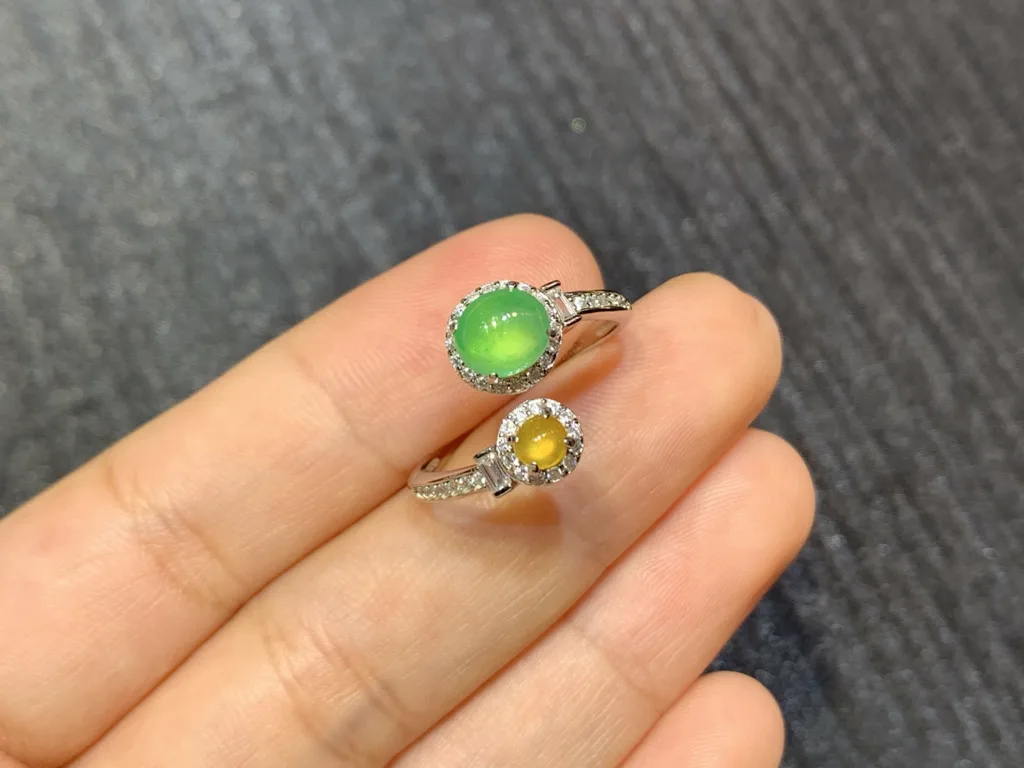 High-Icy Yellow and Green Natural Jadeite Cabochon Ring — S925 Silver · No. 92D5 (photo 2)