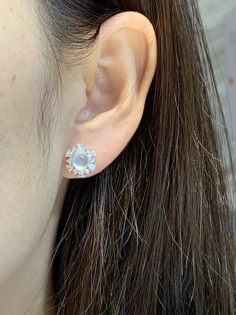Icy Glowing Natural Jadeite Cabochon Stud Earrings — S925 Silver · No. 6306 (photo 5)