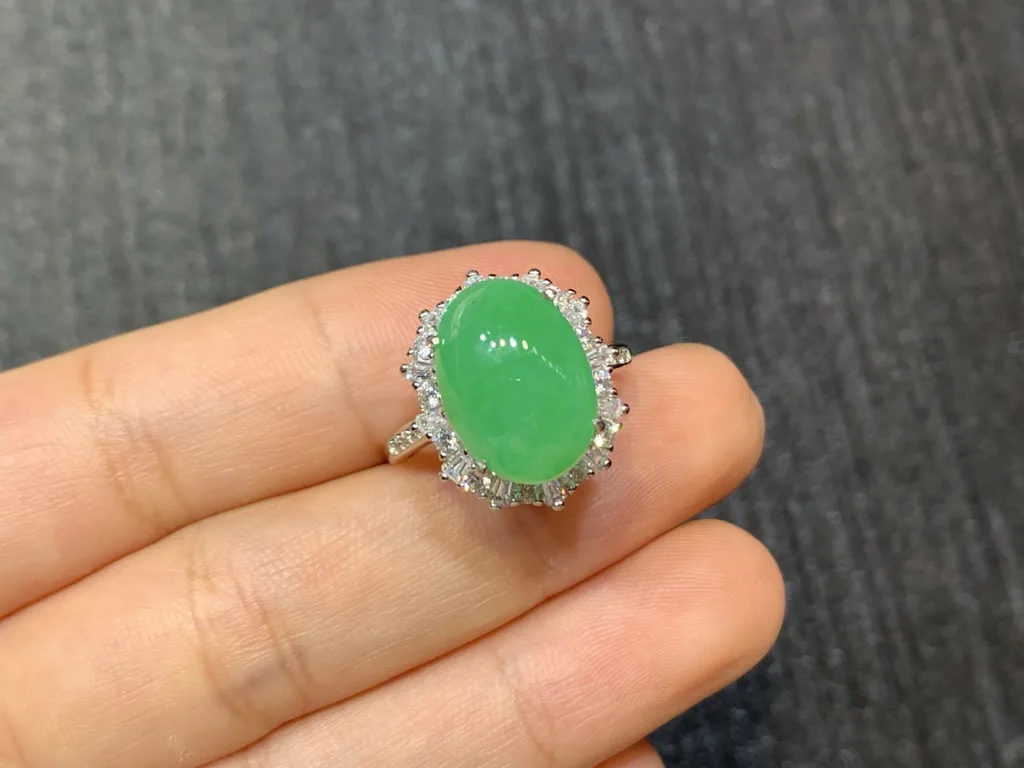 Icy Vivid Green Natural Jadeite Cabochon Ring — S925 Silver · No. 7183 (photo 2)