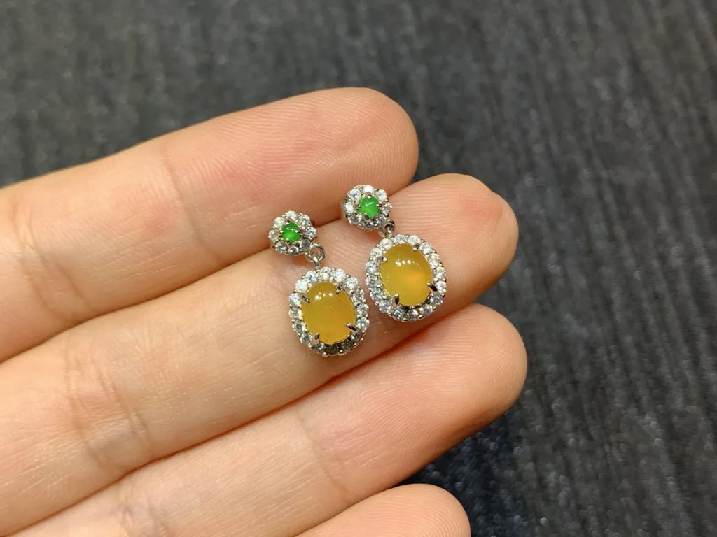 High-Icy Honey Yellow Natural Jadeite Cabochon Drop Earrings — S925 Silver · No. 2542 (photo 2)