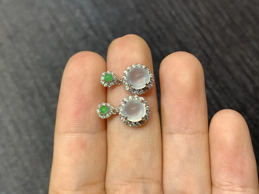 High-Icy Glowing Natural Jadeite Cabochon Drop Earrings — S925 Silver · No. 8FBF (photo 3)