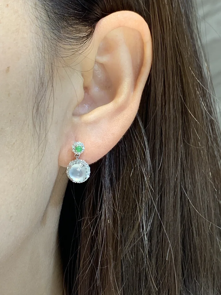 High-Icy Glowing Natural Jadeite Cabochon Drop Earrings — S925 Silver · No. 8FBF (photo 5)