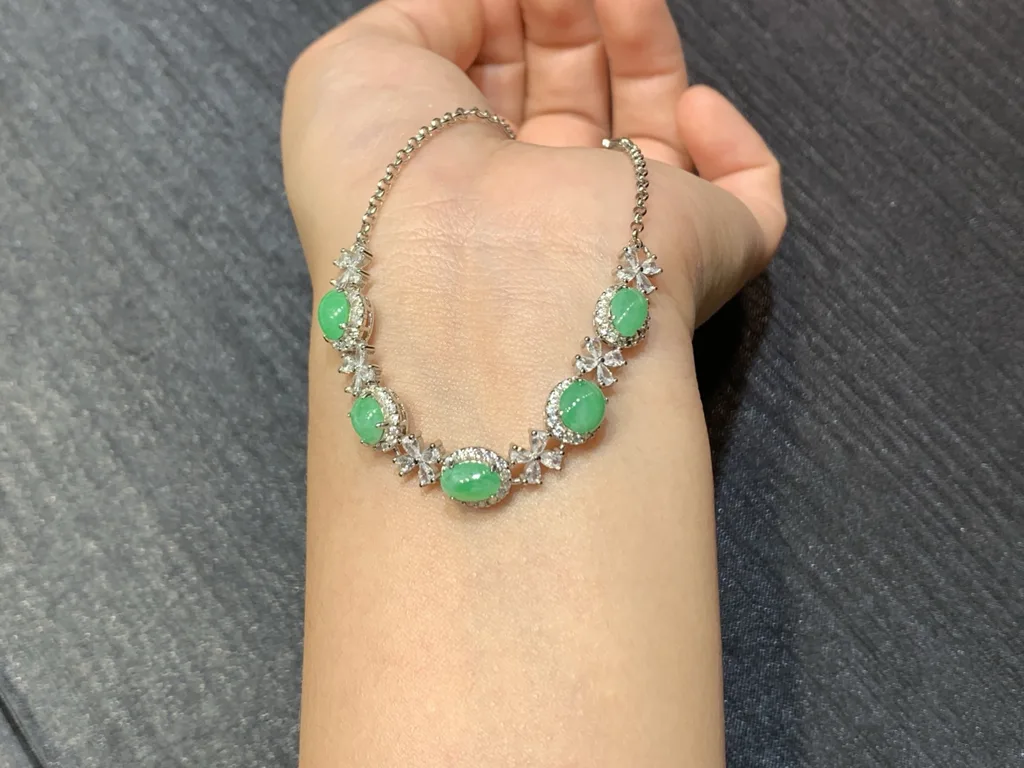 Icy Vivid Green Natural Jadeite Cabochon Bracelet — S925 Silver · No. 650D (photo 3)