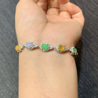 High-Icy Multicolor Natural Jadeite Cabochon Bracelet — S925 Silver · No. A9B0 (photo 4)