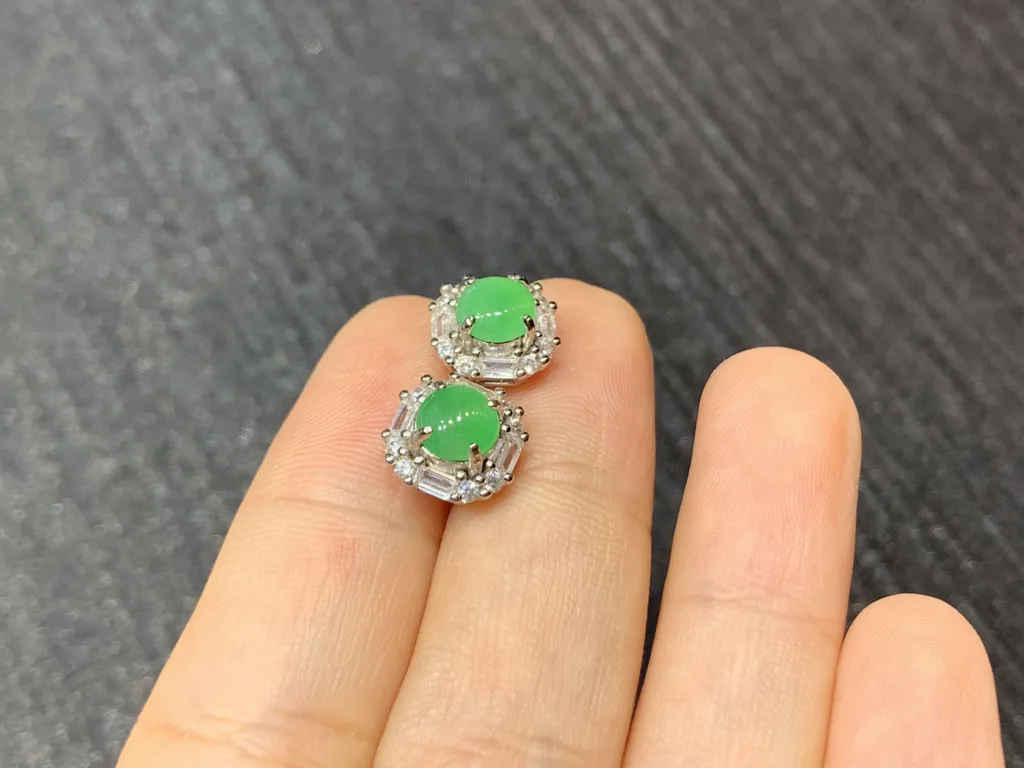 Icy Vivid Green Natural Jadeite Cabochon Stud Earrings — S925 Silver · No. F091 (photo 4)