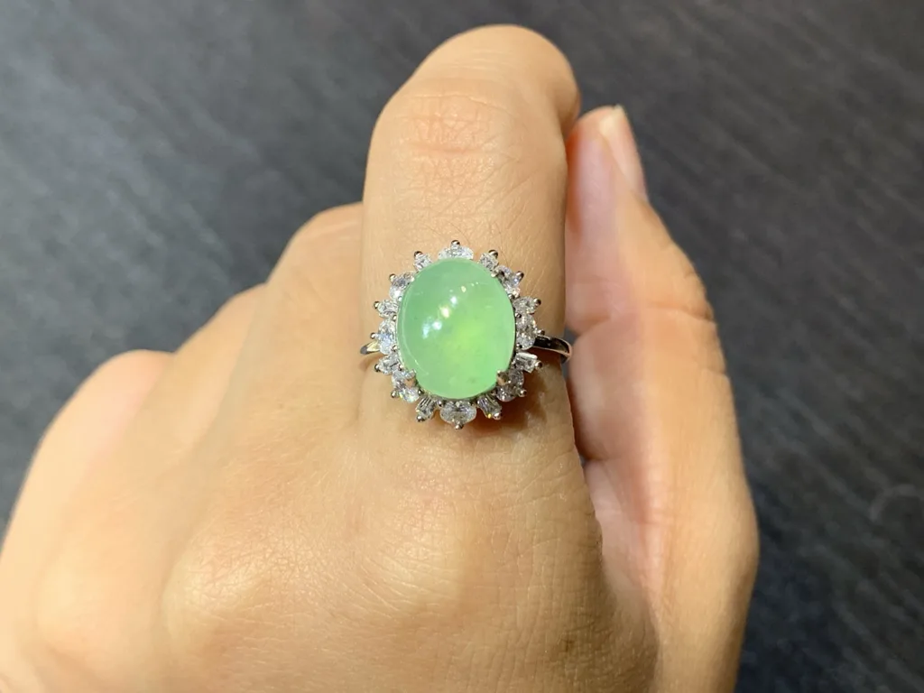 High-Icy Clear Green Natural Jadeite Cabochon Ring — S925 Silver · No. EE3E (photo 5)