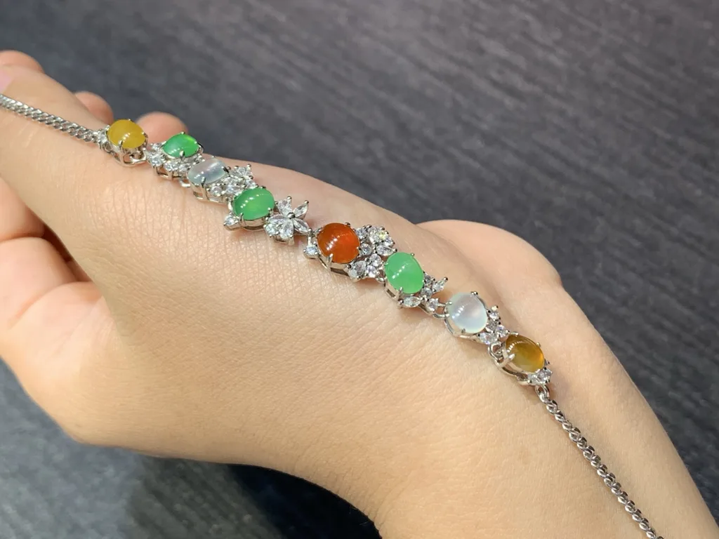 高冰多彩天然翡翠蛋面手链 S925 银 · 编号 6920（图 2）