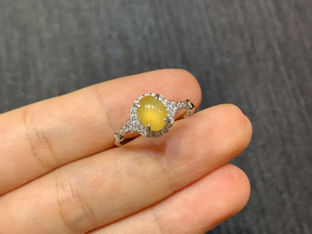 High-Icy Honey Yellow Natural Jadeite Cabochon Ring — S925 Silver · No. AA4D (photo 2)
