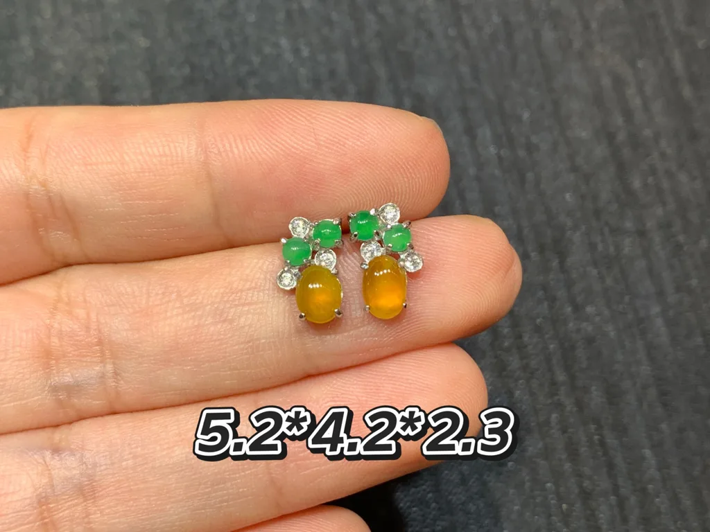 High-Icy Yellow and Green Natural Jadeite Cabochon Stud Earrings — S925 Silver · No. CD4F (photo 1)
