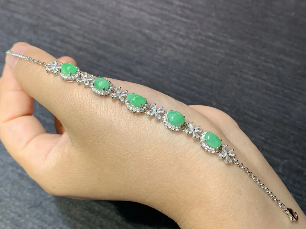 Icy Vivid Green Natural Jadeite Cabochon Bracelet — S925 Silver · No. 650D (photo 2)
