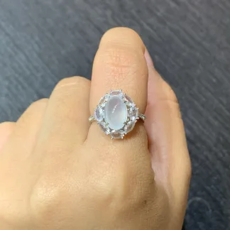 High-Icy Glowing Natural Jadeite Cabochon Ring — S925 Silver · No. C9F4 (photo 5)