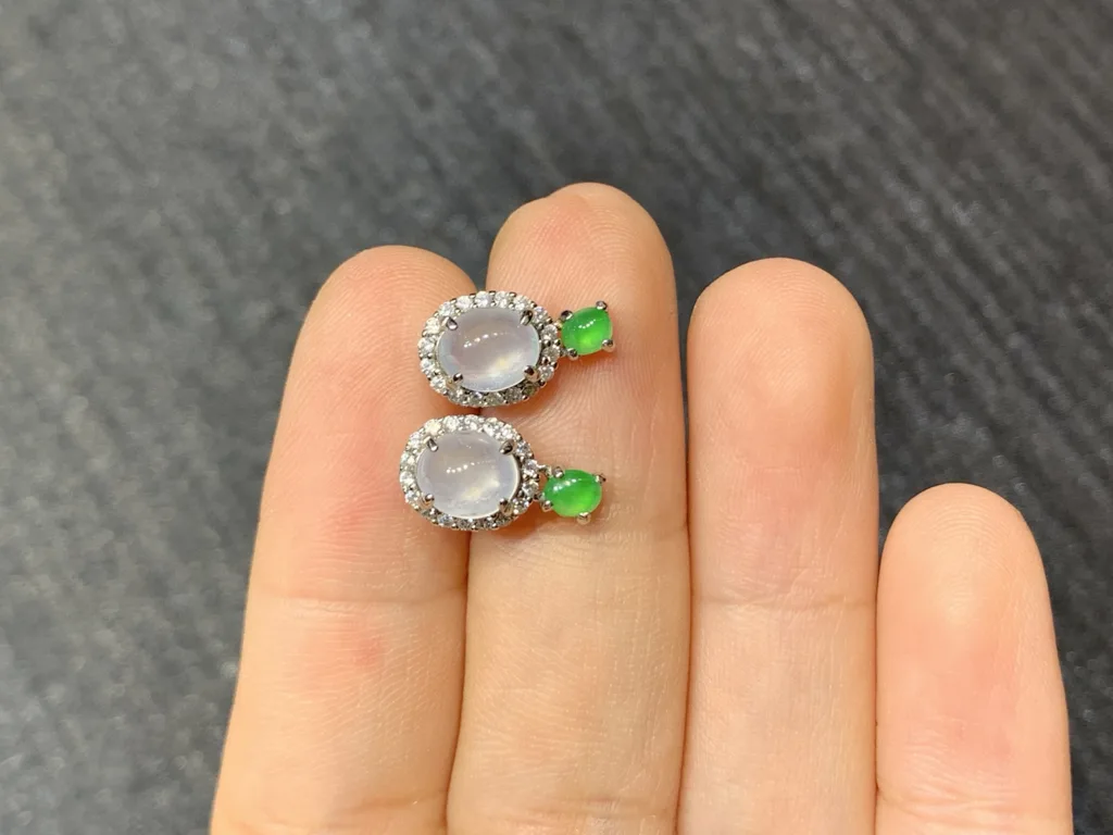 High-Icy Glowing White and Green Natural Jadeite Cabochon Stud Earrings — S925 Silver · No. 8B78 (photo 3)