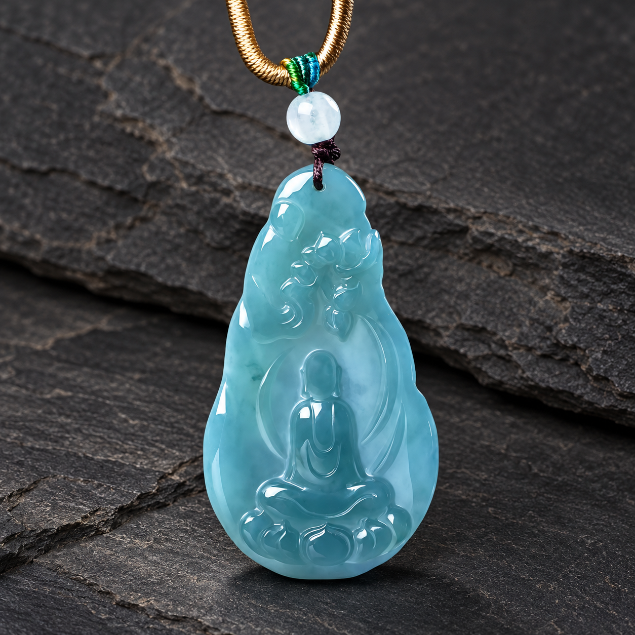 AI-assisted editorial presentation of the No. 7330 blue-green Buddha pendant against a deep charcoal slate background