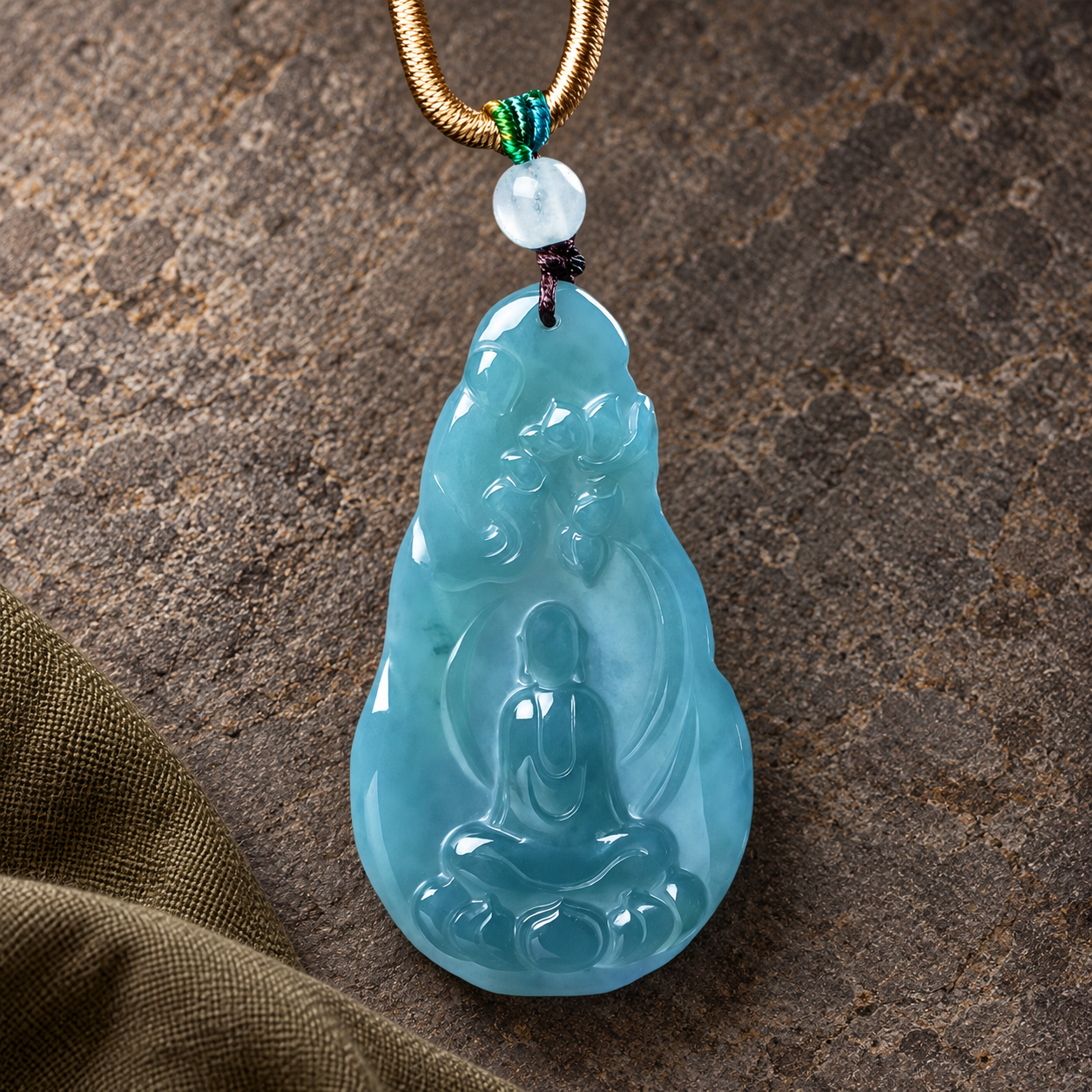 AI-assisted editorial presentation of the No. 7330 pendant on warm textured stone beside muted olive fabric