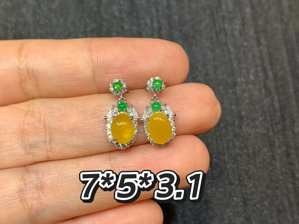 High-Icy Honey Yellow Natural Jadeite Cabochon Drop Earrings — S925 Silver · No. 46F8 (photo 1)
