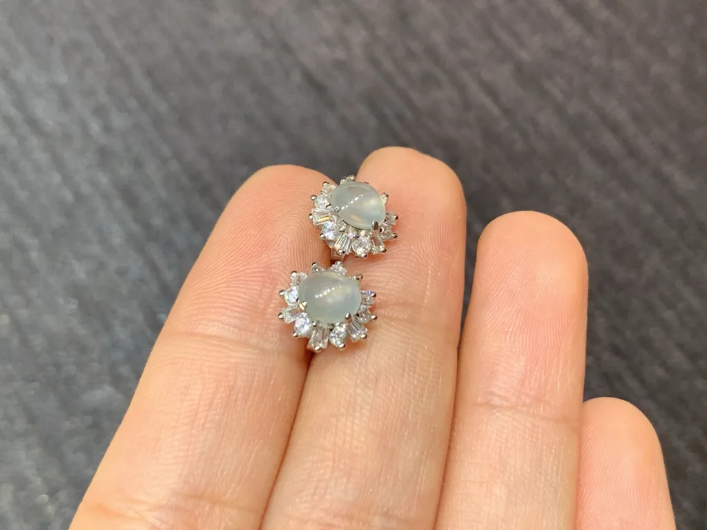 High-Icy Glowing Natural Jadeite Cabochon Stud Earrings — S925 Silver · No. D89C (photo 4)