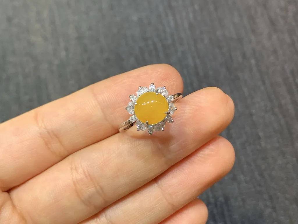 High-Icy Honey Yellow Natural Jadeite Cabochon Ring — S925 Silver · No. E7C7 (photo 2)