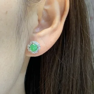 Icy Vivid Green Natural Jadeite Cabochon Stud Earrings — S925 Silver · No. F091 (photo 5)