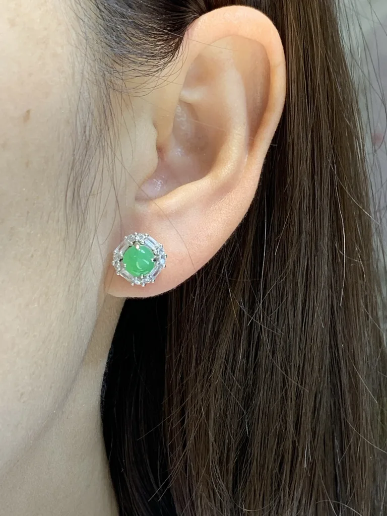 Icy Vivid Green Natural Jadeite Cabochon Stud Earrings — S925 Silver · No. F091 (photo 5)