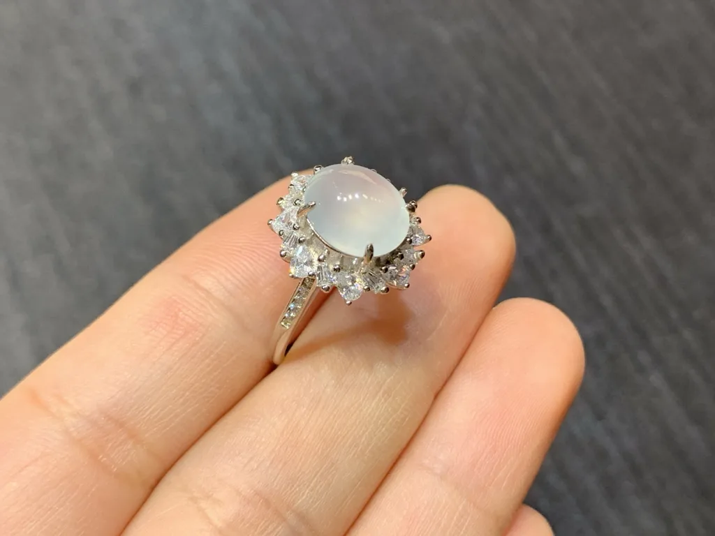 High-Icy Glowing Natural Jadeite Cabochon Ring — S925 Silver · No. 9820 (photo 4)