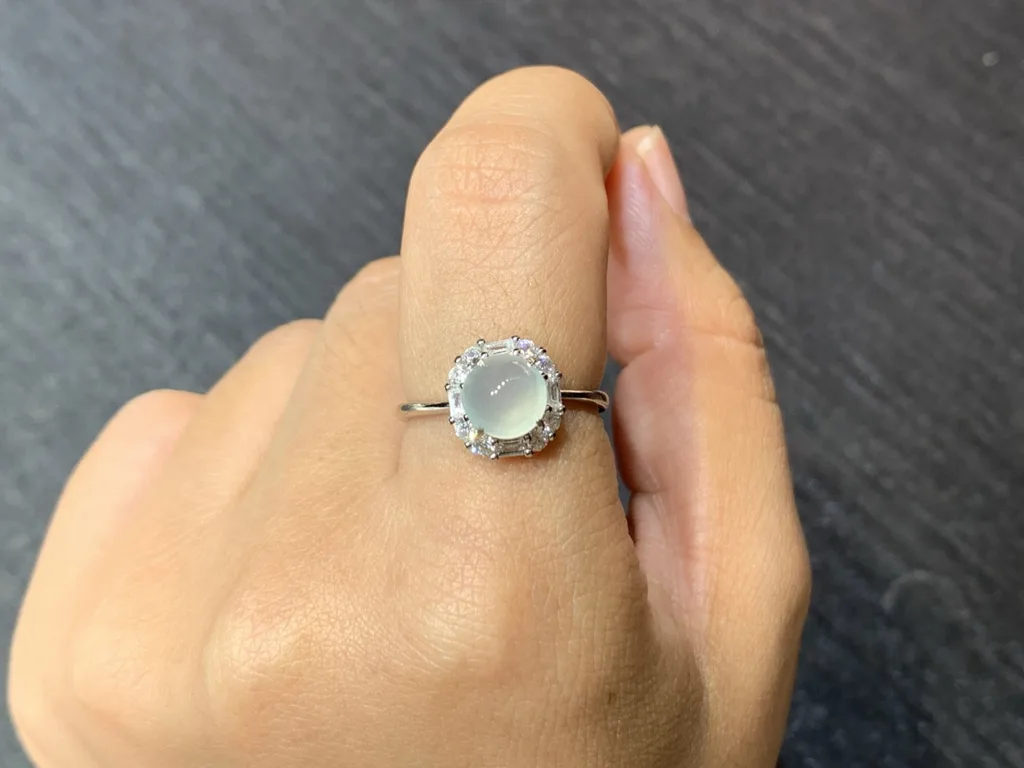 High-Icy Glowing Natural Jadeite Cabochon Ring — S925 Silver · No. 4AED (photo 5)