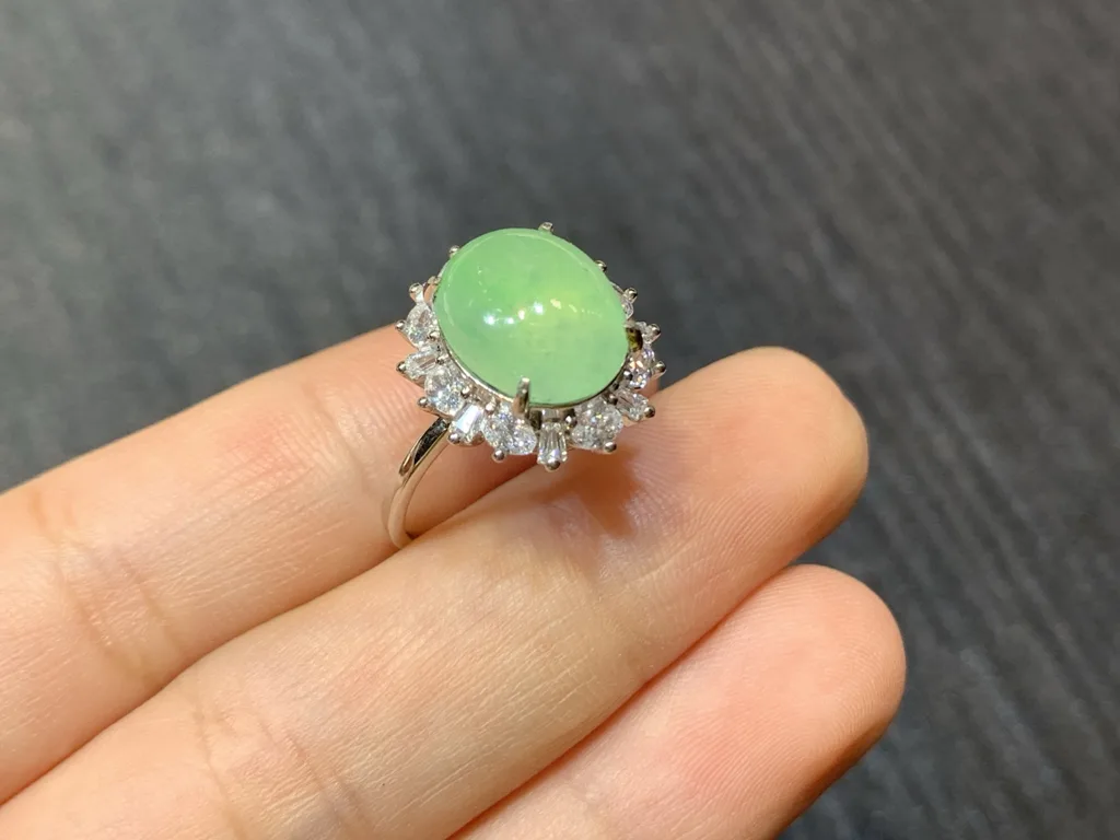 High-Icy Clear Green Natural Jadeite Cabochon Ring — S925 Silver · No. EE3E (photo 4)