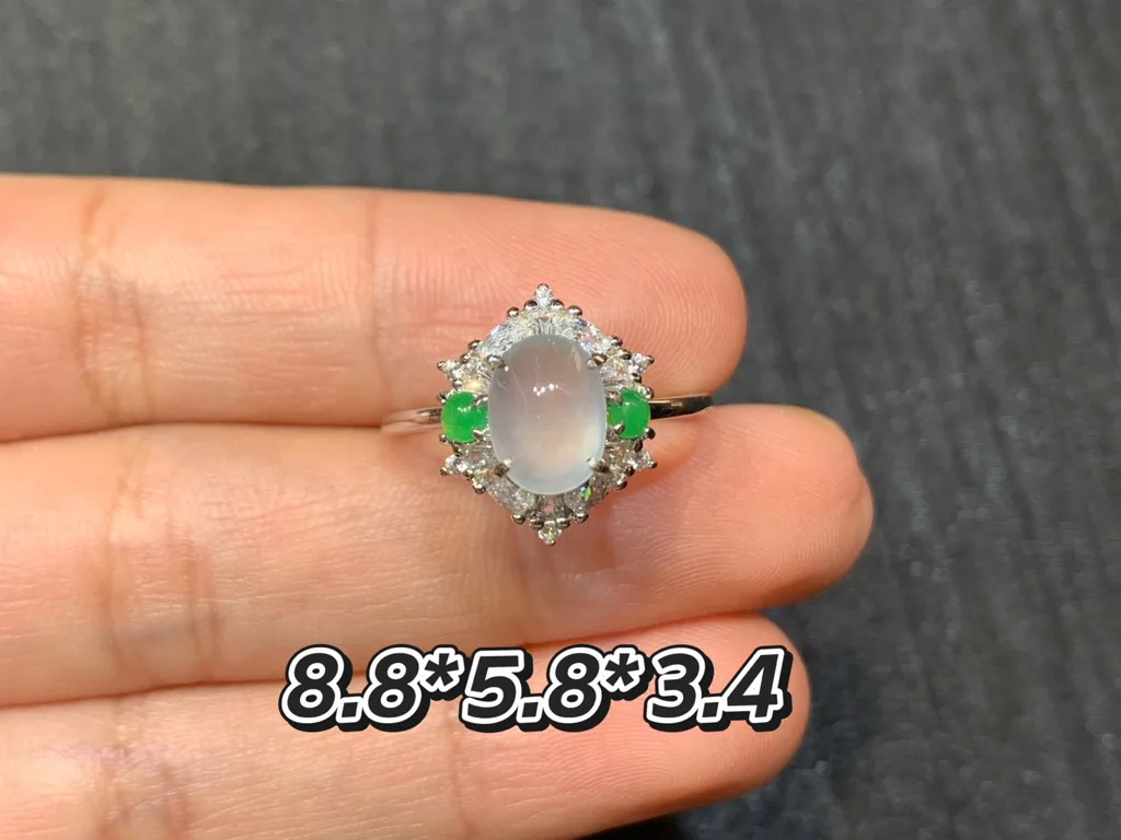 High-Icy Glowing Natural Jadeite Cabochon Ring — S925 Silver · No. 1F1C (photo 1)