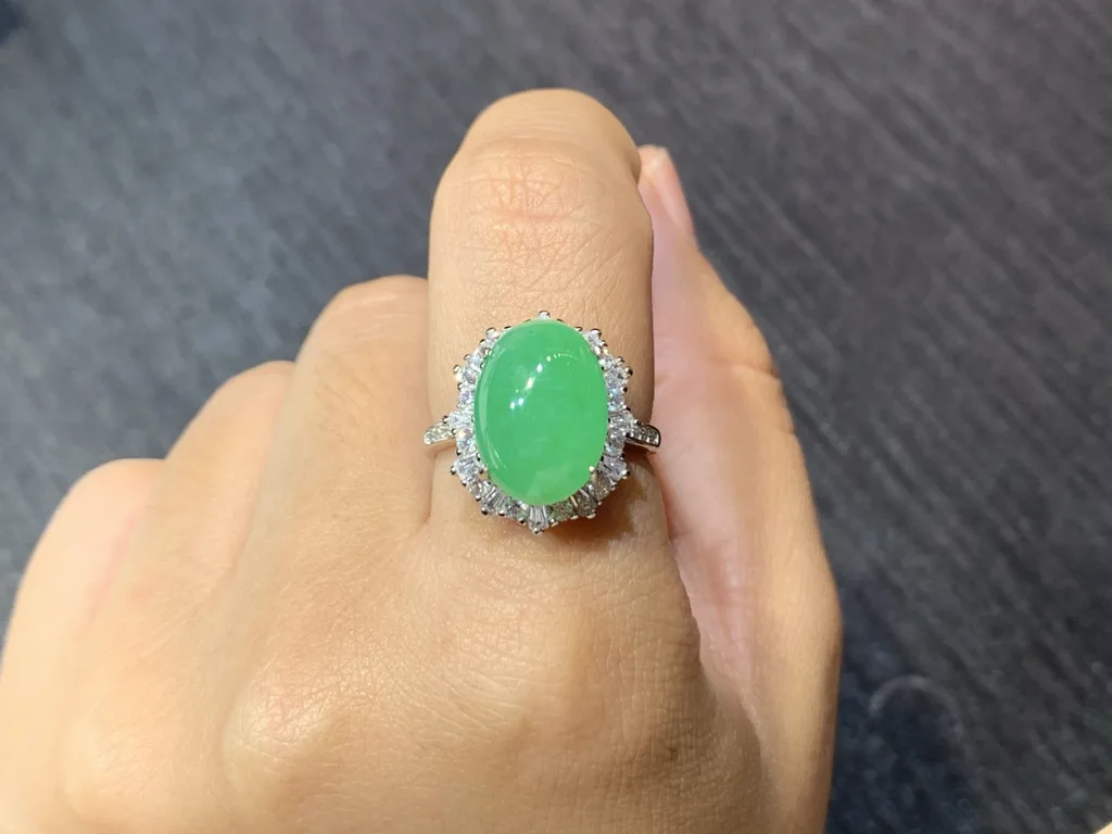 Icy Vivid Green Natural Jadeite Cabochon Ring — S925 Silver · No. 7183 (photo 5)