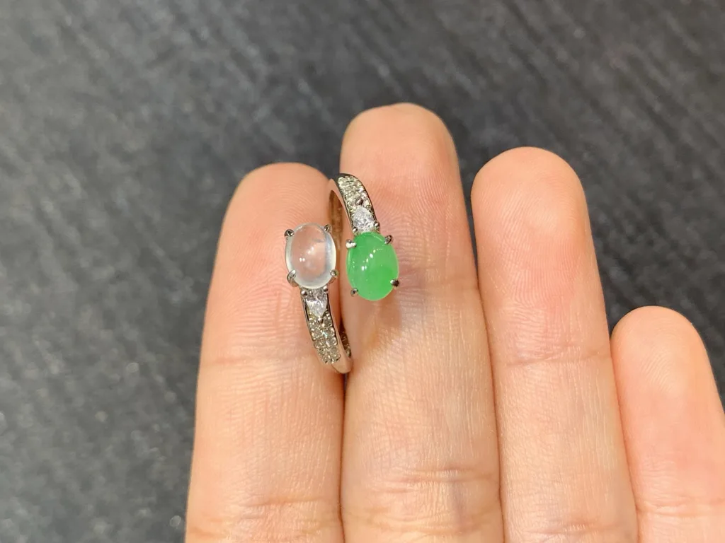 High-Icy White and Green Natural Jadeite Cabochon Ring — S925 Silver · No. 10B2 (photo 3)