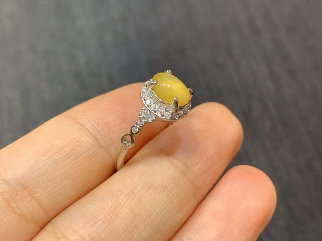 High-Icy Honey Yellow Natural Jadeite Cabochon Ring — S925 Silver · No. AA4D (photo 4)