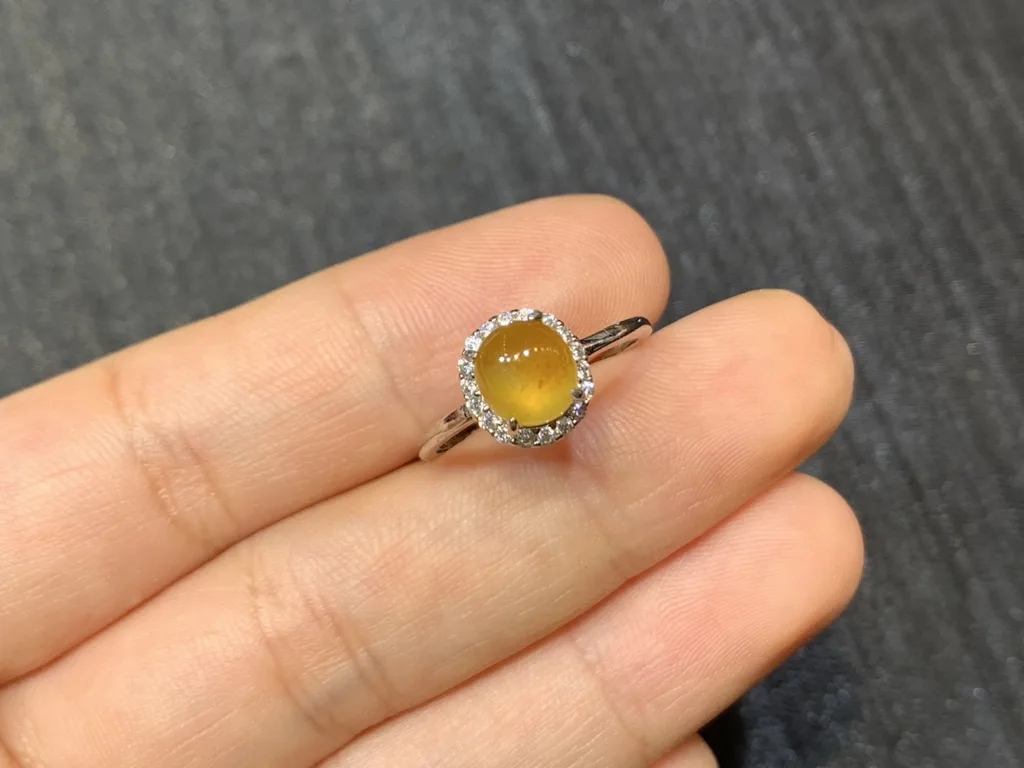 High-Icy Honey Yellow Natural Jadeite Cabochon Ring — S925 Silver · No. 74B1 (photo 2)