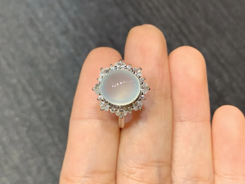 High-Icy Glowing Natural Jadeite Cabochon Ring — S925 Silver · No. 0B98 (photo 3)