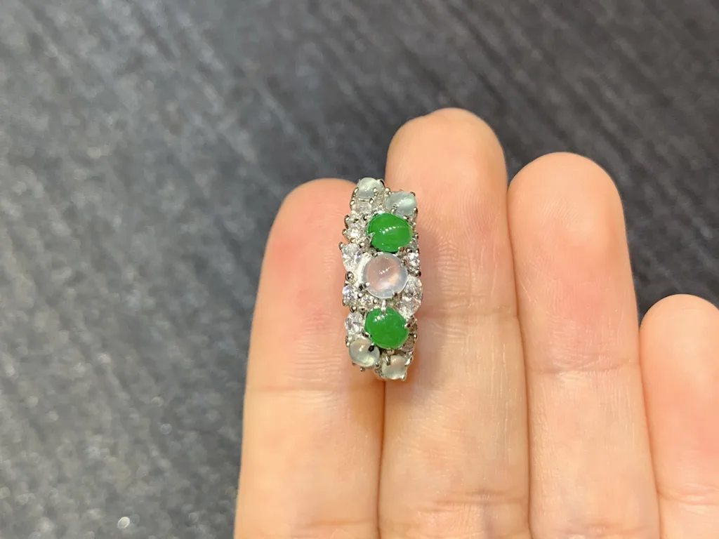 High-Icy Glowing White and Vivid Green Natural Jadeite Cabochon Ring — S925 Silver · No. 49CD (photo 3)